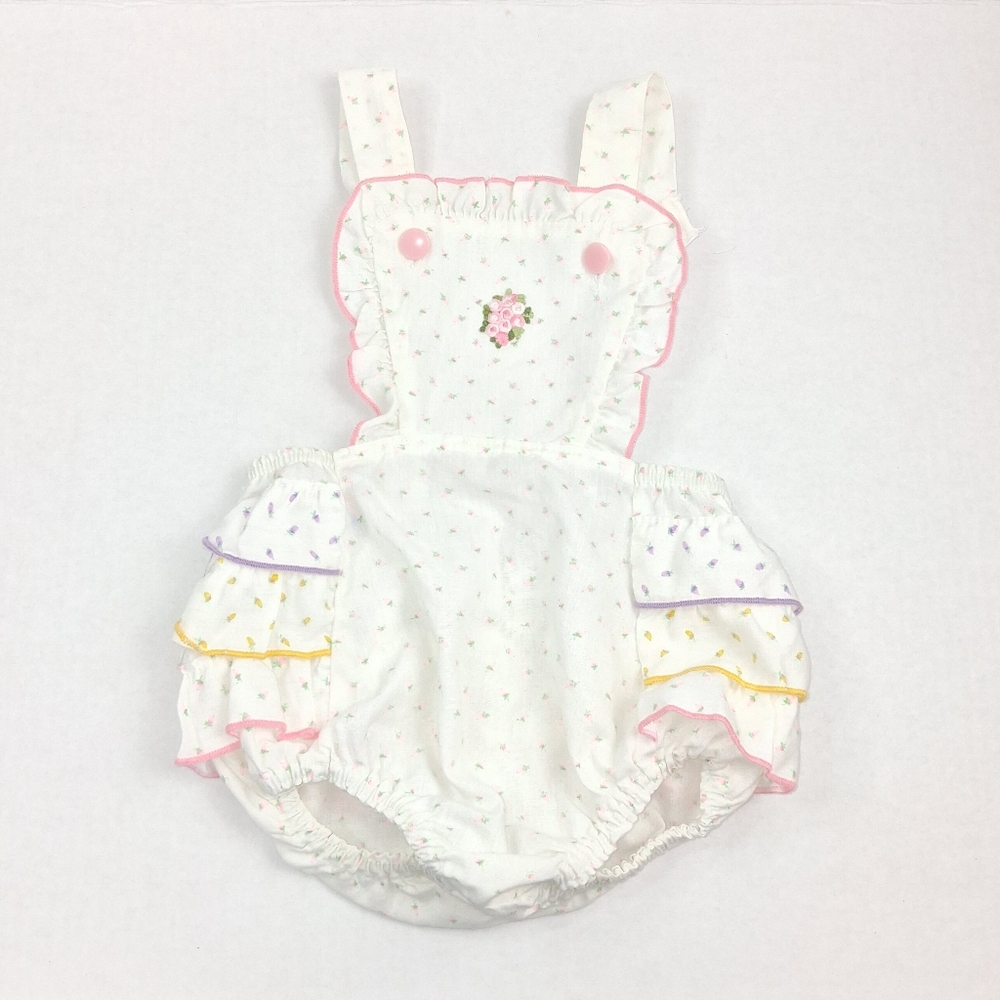 Vintage Stone Apparel Pastel Rose Bud Floral Ruffle Botton Sunsuit Romper 3T